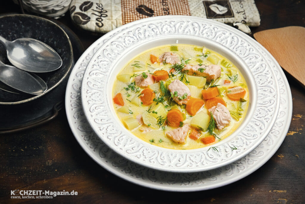 Lohikeitto Fischeintopf Rezept, finnische Lachssuppe