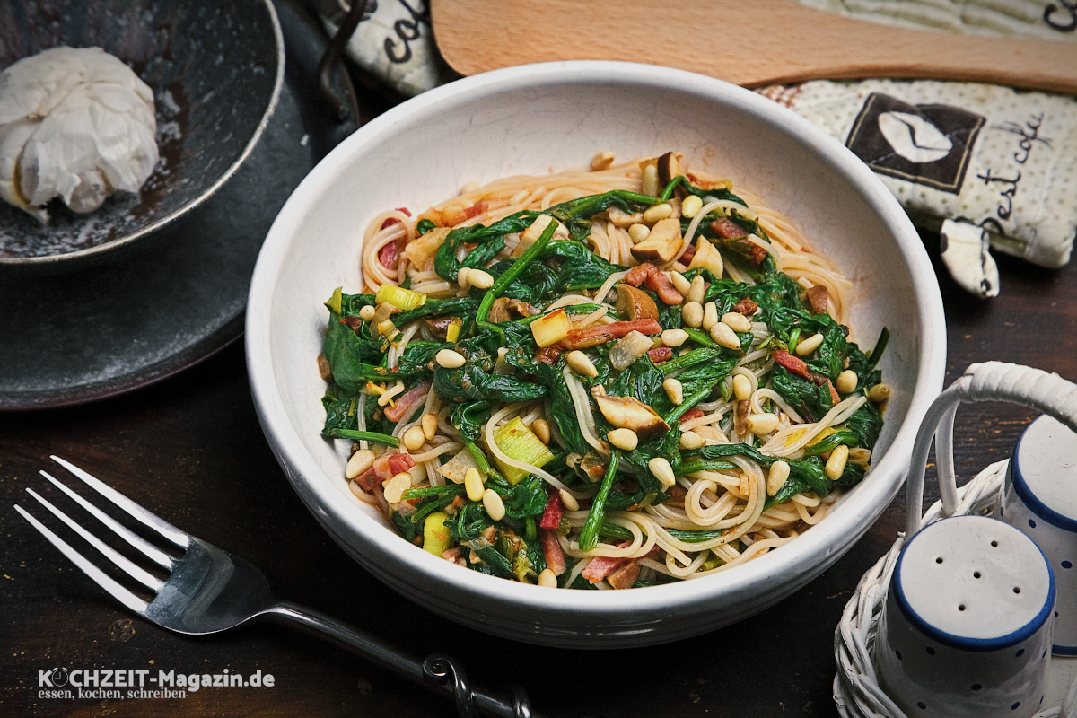 Menü: Pasta Spinat Pilze, kochen für den Feierabend