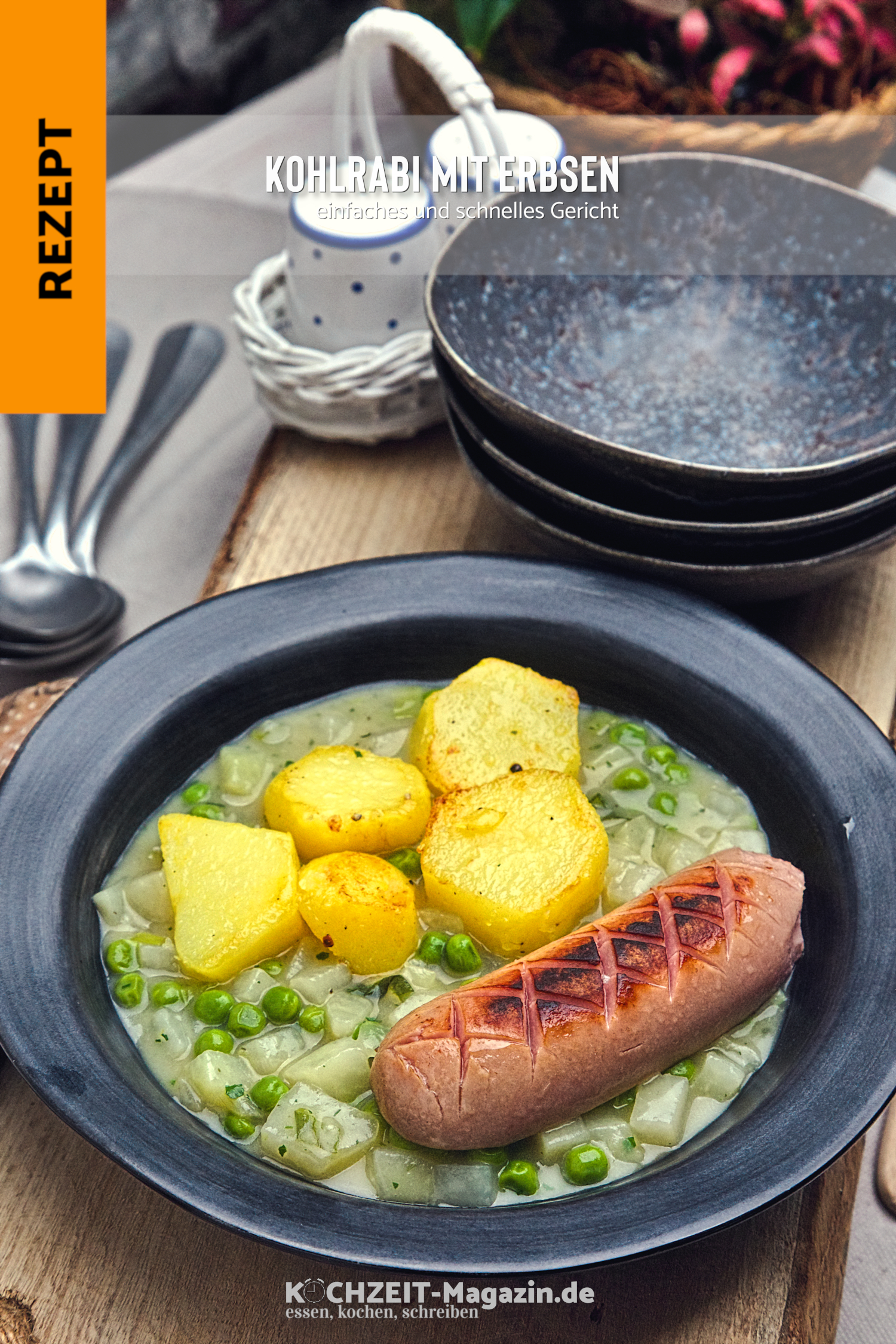 Kohlrabi mit Erbsen und Knacker
