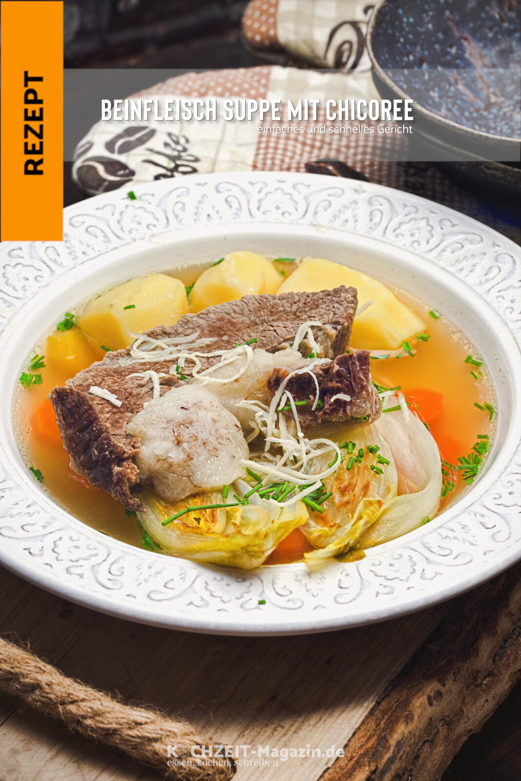 gekochte Beinfleisch Suppe Chicoree