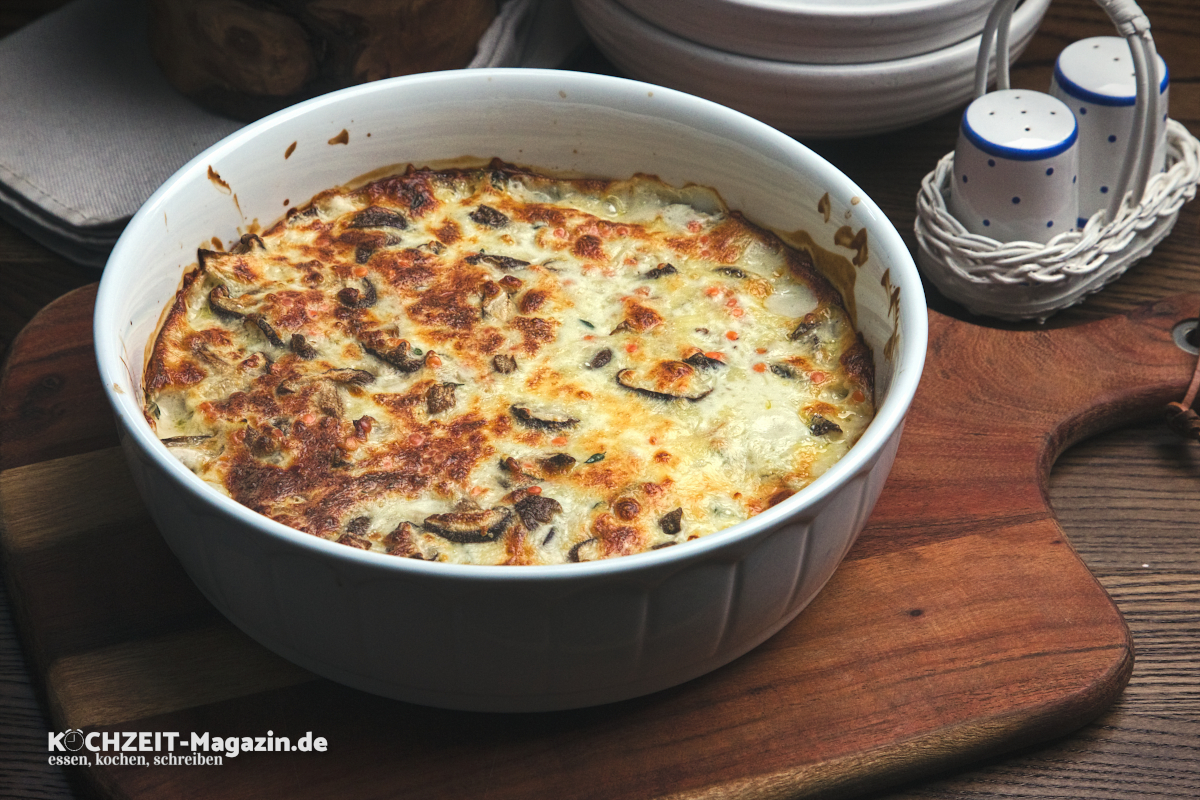 Kohlrabi Pilz Auflauf, herzhaft, cremig, würzig und überbacken, ein Genuss