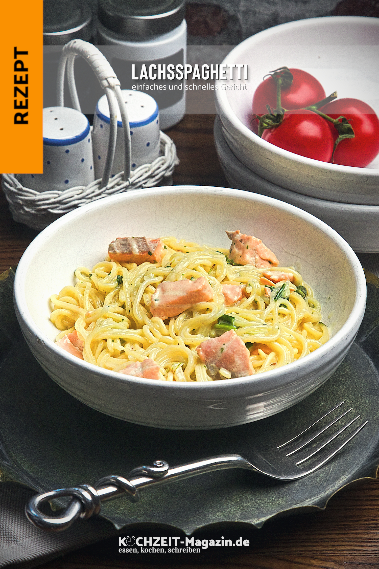 Lachs Spaghetti Gedämpfter Lachs auf Gemüsesud
