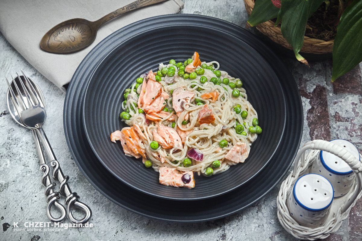 Pasta al Salmone e Piselli Rezept, Spaghettini mit Lachs und Erbsen