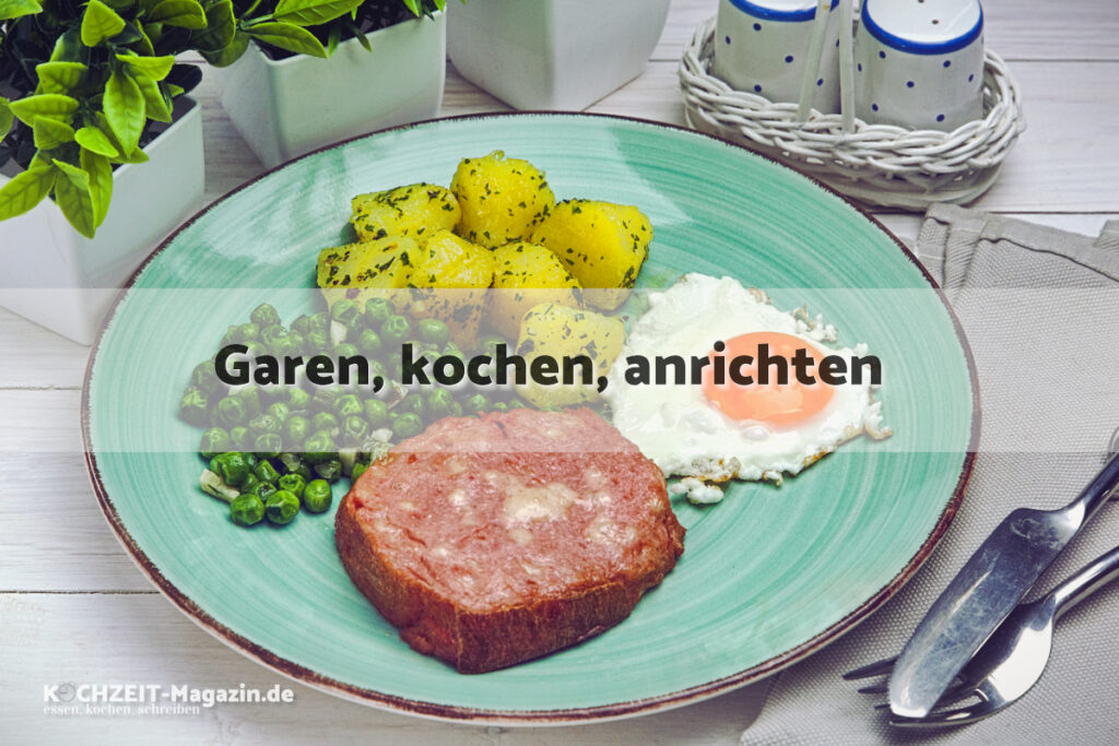 Leberkäse mit Erbsen garen